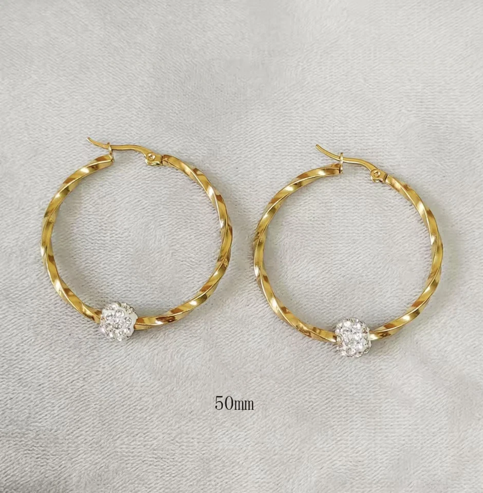 9ct Yellow Gold Filled Large Twist  Round Hoop Crystal Ball  40-70mm  Earrings - Image 4 of 4