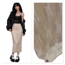 Ivory Floral Embroidered Mesh Overlay Bodycon Maxi Skirt Romantic Fairy Y2K 28"W