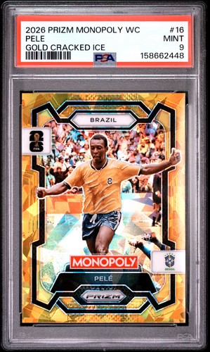 158662448 Pele 2026 Panini Prizm Monopoly World Cup #16 Gold Cracked Ice PSA 9
