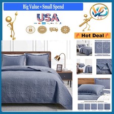 King Size Quilt Set Blue 3 Piece Comforter with Shams All-Season Coin Pattern
