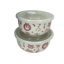 Grace Teaware Ceramic Bowl Set w/ Lids Holiday Themed Design Red Toile