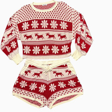 EKOUAER Holiday Fair Isle 2 Piece Lounge Sleep Wear Set Cropped Top Women  s XL