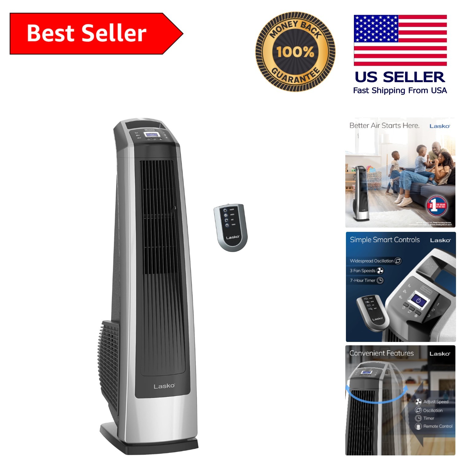 High Velocity 35" Oscillating Tower Fan in Silver/Black - Remote Control & Timer