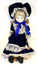 Collectible Bisque Faced Doll, White Fabric Body w/Blue Velvet Dress & Lace Trim