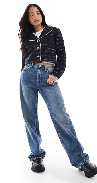 ASOS Design Contrast Formal Boucle Jacket Ladies Navy Blue Size 8 Cropped Stripe - Image 4 of 4