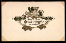 AK Geldsack mit 1000 Mark und Münzrolle mit 2000 Mark, Kleeblätter 1916 
