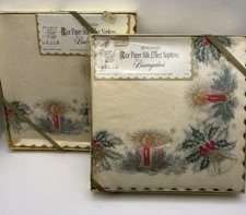 Vintage Baumgartens 7” Rice Paper Napkins Japan - Holly Candle - 2 Pack of 20ea