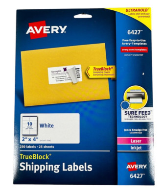 Avery Shipping Address Labels 6427 Laser & Inkjet Printers 250 Labels 2''x4''