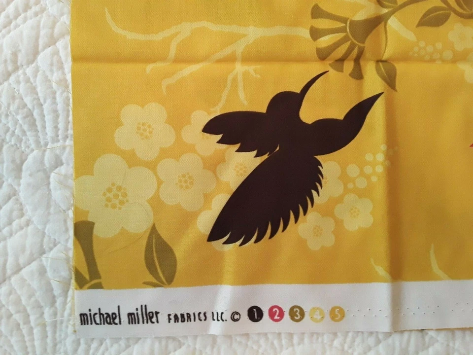 Michael Miller Gold Cotton Fabric 3 Complementary Remnants Birds Flowers Dots - Image 3 of 4