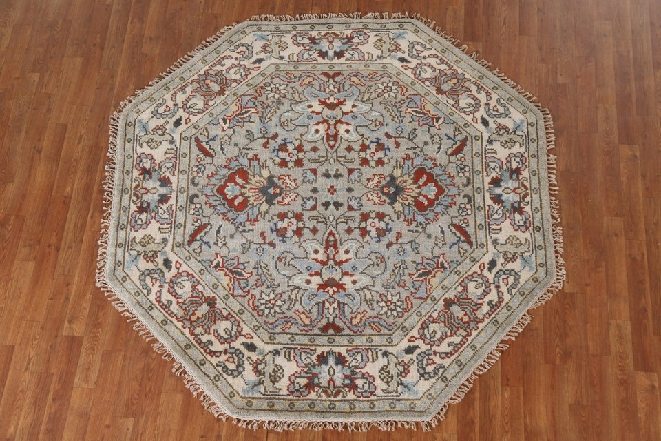 Wool Octagon Rug 6x6 ft.Geometric Floral Heriz Serapi Indian Handmade ...
