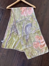 Beautiful Green Purple Pink Silk Scarf With Original Artwork Birds Flowers 14x56
