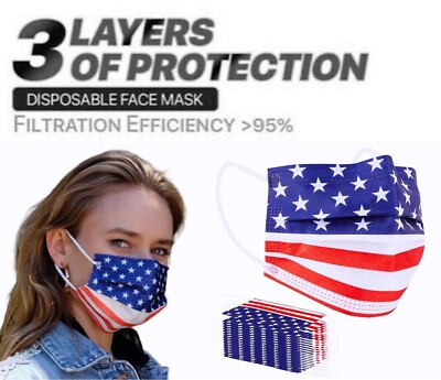 100 PCS Protective 3 Layer USA Flag Face Mask Respirator Disposable Masks BFE95%