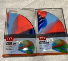 Lot of 2 TYR Tie Dye BLUE/ORANGE Junior Swim Cap - 2020 SILICONE