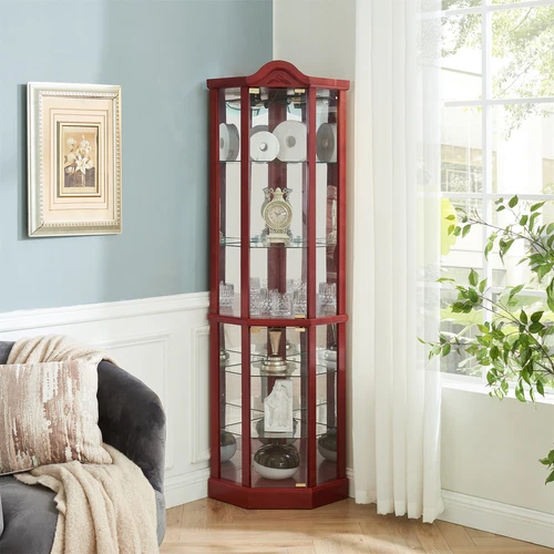 Lighted Curio Cabinet Corner Display Cabinet w/ Adjustable Glass Shelves - Picture 16 of 40