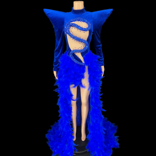 Women Evening Party Dress Sparkly Rhinestones Feathers Train Dress Stage Wear - Afbeelding 1 van 22