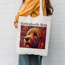 Reusable grocery tote bag canvas. Golden doodle dog