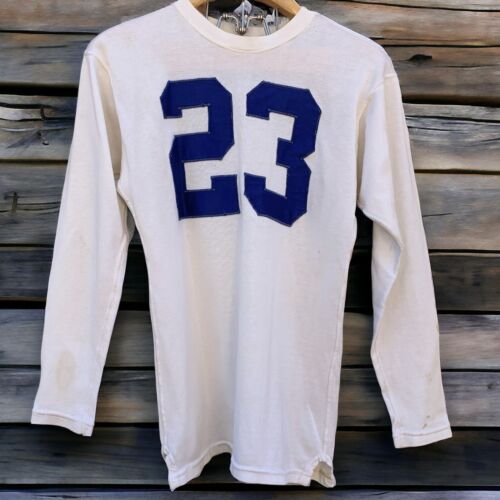 Vintage Lowe & Campbell Blue and White Field Worn Durene Jersey #23 Size 38