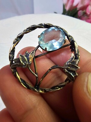 Vtg Sterling Silver Brooch Pin w/ Flower Leaf Blue Stone Round Circle- S8