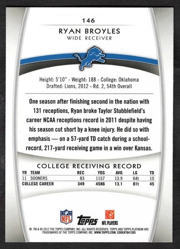 2012 Ryan Broyles Topps Chrome Football Platinum Xfactor Rookie RC Lions #146 - Picture 2 of 2