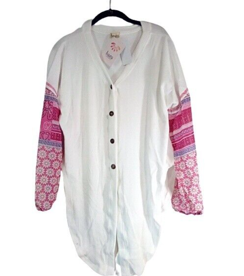 BAEA 1X White Cardigan Fine Knit Sheer Pink Mixed Media Sleeve-image