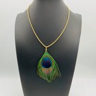 Peacock Feather Necklace 16” Chain Pendant Jewelry Boho Gold Tone Forever 21