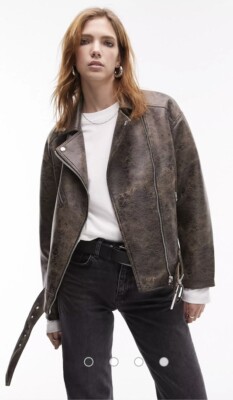 Topshop faux leather washed look oversized biker jacket in brown