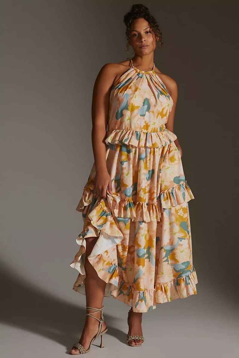 anthropologie ruffled maxi dress BHLDN Donna Long-Sleeve V-Neck Ruffled Maxi Dress