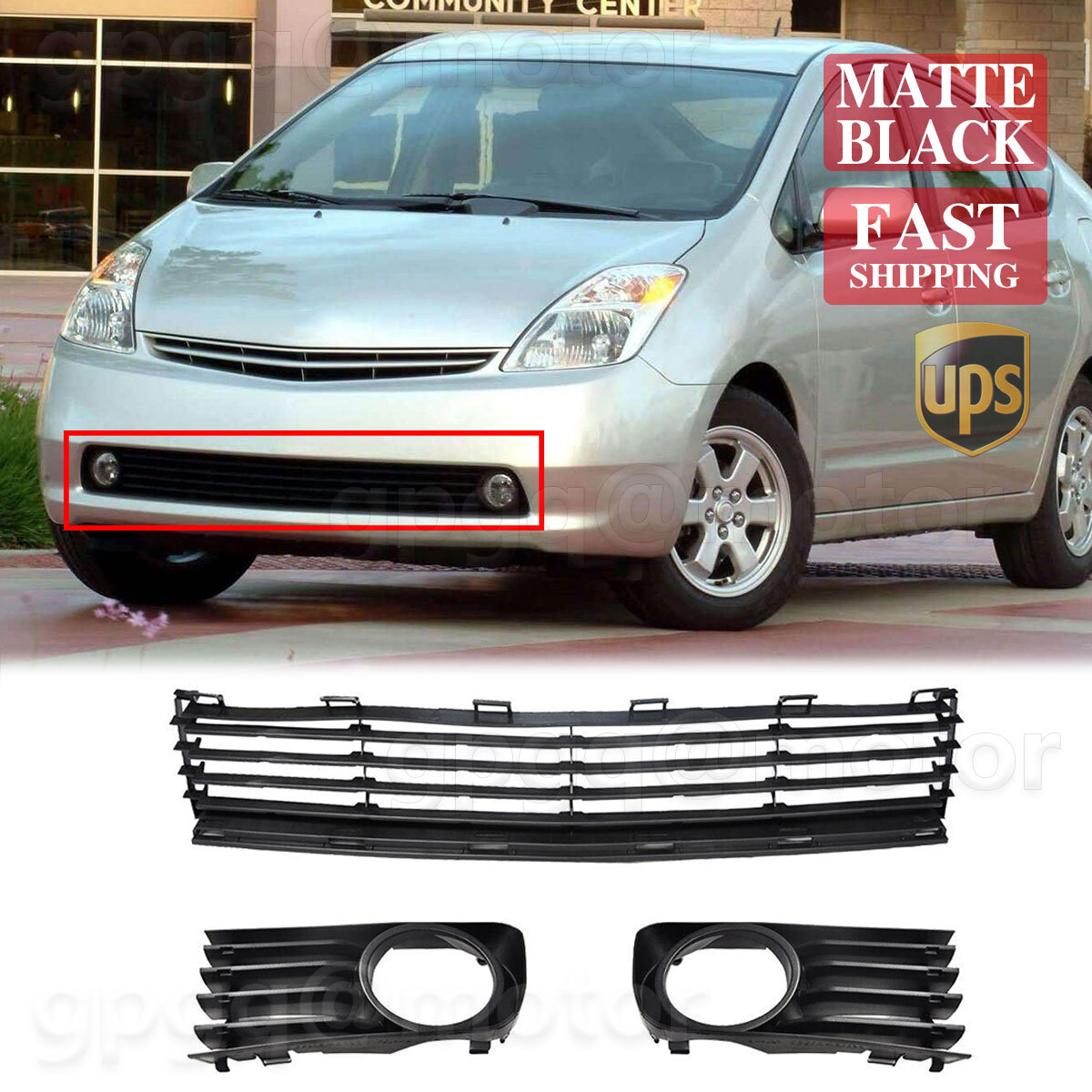 For Toyota Prius 2004-2009 Black Front Lower Bumper Grille & 2x