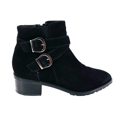 Womens 8 M Blondo Stacy Ankle Boots Waterproof Black Suede Leather Buckle Zip