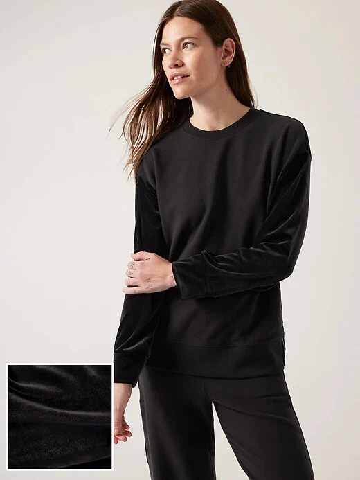 Athleta Retroplush Velvet Crewneck Sweatshirt Black Size XS NWT 466916
