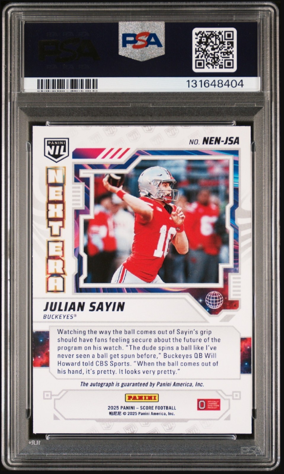 2025 Score - Next Era Nil Auto Julian Sayin #NEN-JSA (AU, RC) PSA MINT 9 view 2