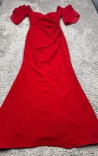 Badgley Mischka Dress Women 4 Red Off-The-Shoulder Ruched Crepe Evening Gown