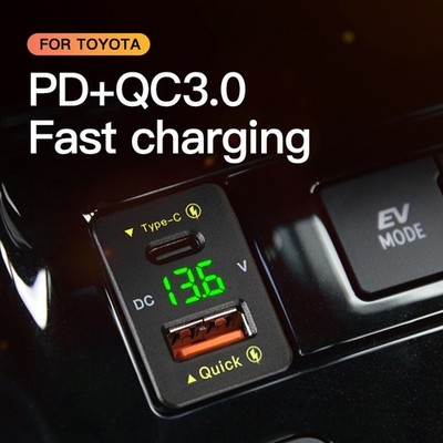 Car Charger With Voltmeter Usb Socket Dual Qc3.0 Type C USB Charger For Toyota