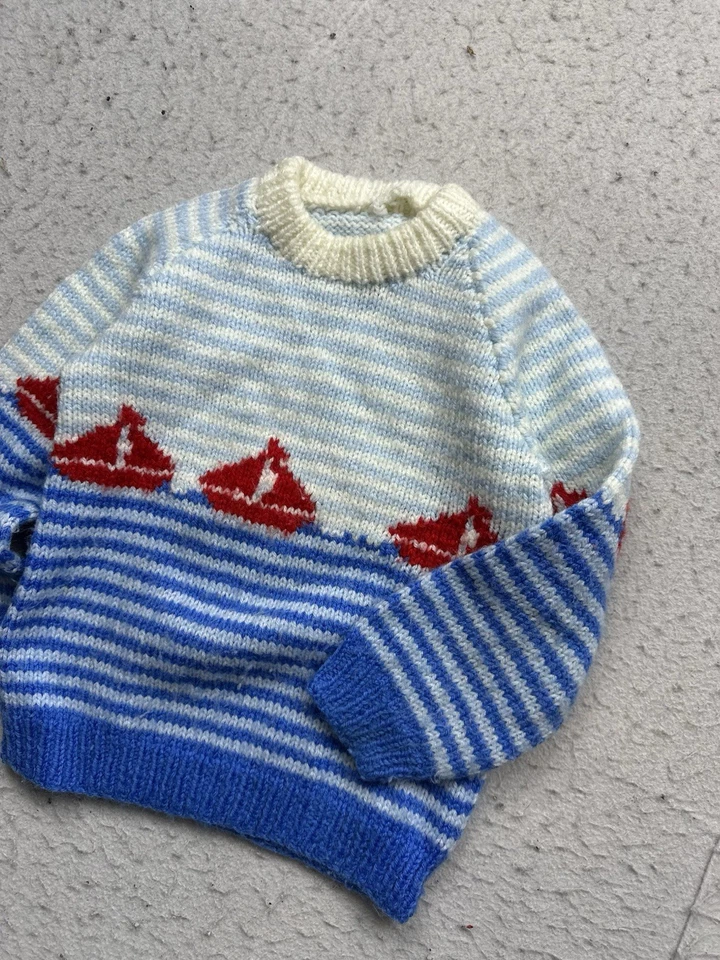 Vintage Kids Sailboat Handknit Nautical Sweater 70s Sz 4T USA Made Ocean - Image 2 of 4