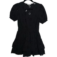 WAYF Reese Faux Wrap Minidress Black With Eyelet Embroidery V Neck Size Small