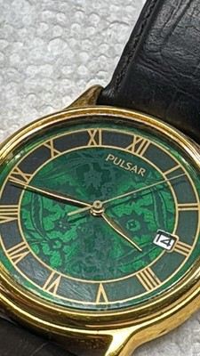 34MM Mens Vintage Pulsar GT Watch v532-7870 green Halogram pattern dial A10