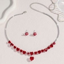 Pink/Blue Cubic Zirconia Rhinestone Heart Necklace Earrings Jewelry Set