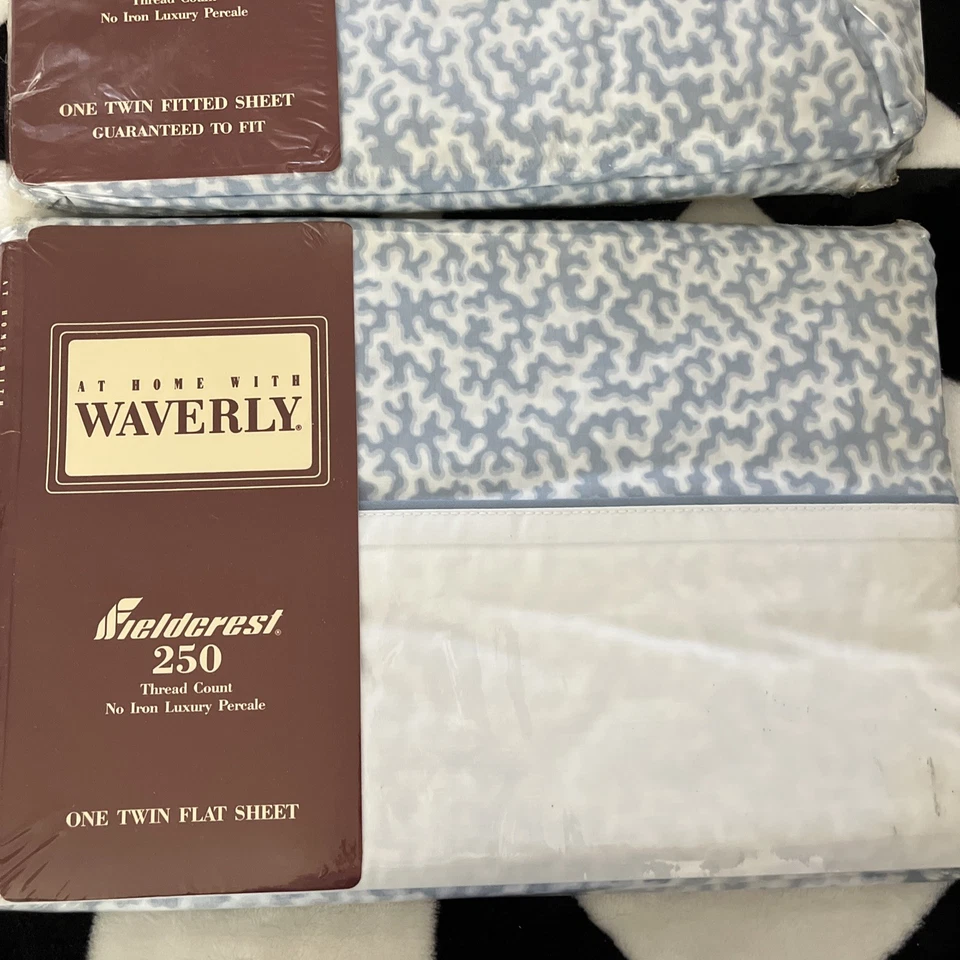 Винтажный Waverly Fieldcrest роскошь Percale Twin резинке/плоский простыня синий/белый - Изображение 3 из 4