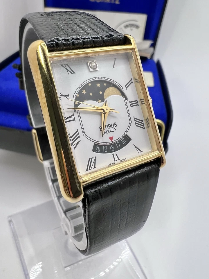 Редкие новые мужские часы из старых запасов Benrus Legacy Tank Moonphase подлинный бриллиант - Изображение 2 из 4