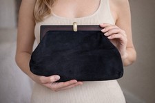 Vintage Black Italian Suede Leather Clutch with Frame and Gold Tone Clasp
