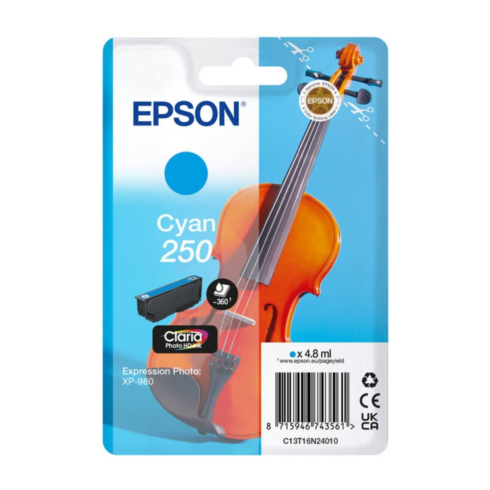 Original Epson 250 Cyan Ink Cartridge (C13T16N24010) - Image 2