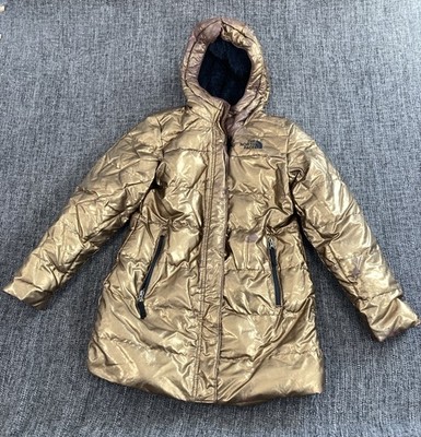 TNF Mädchen Gold Metallic Daunenparka Medium 10 gebrochener Reißverschluss Ist-Zustand Reparatur 600-Füllung Mantel