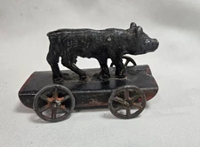 Antique Cast Iron Metal PIG Penny PULL TOY - 3" long