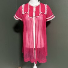 Vintage 1960s Kayser Hot Pink Nylon Sheer Lace Trim Peignoir Robe Nightgown