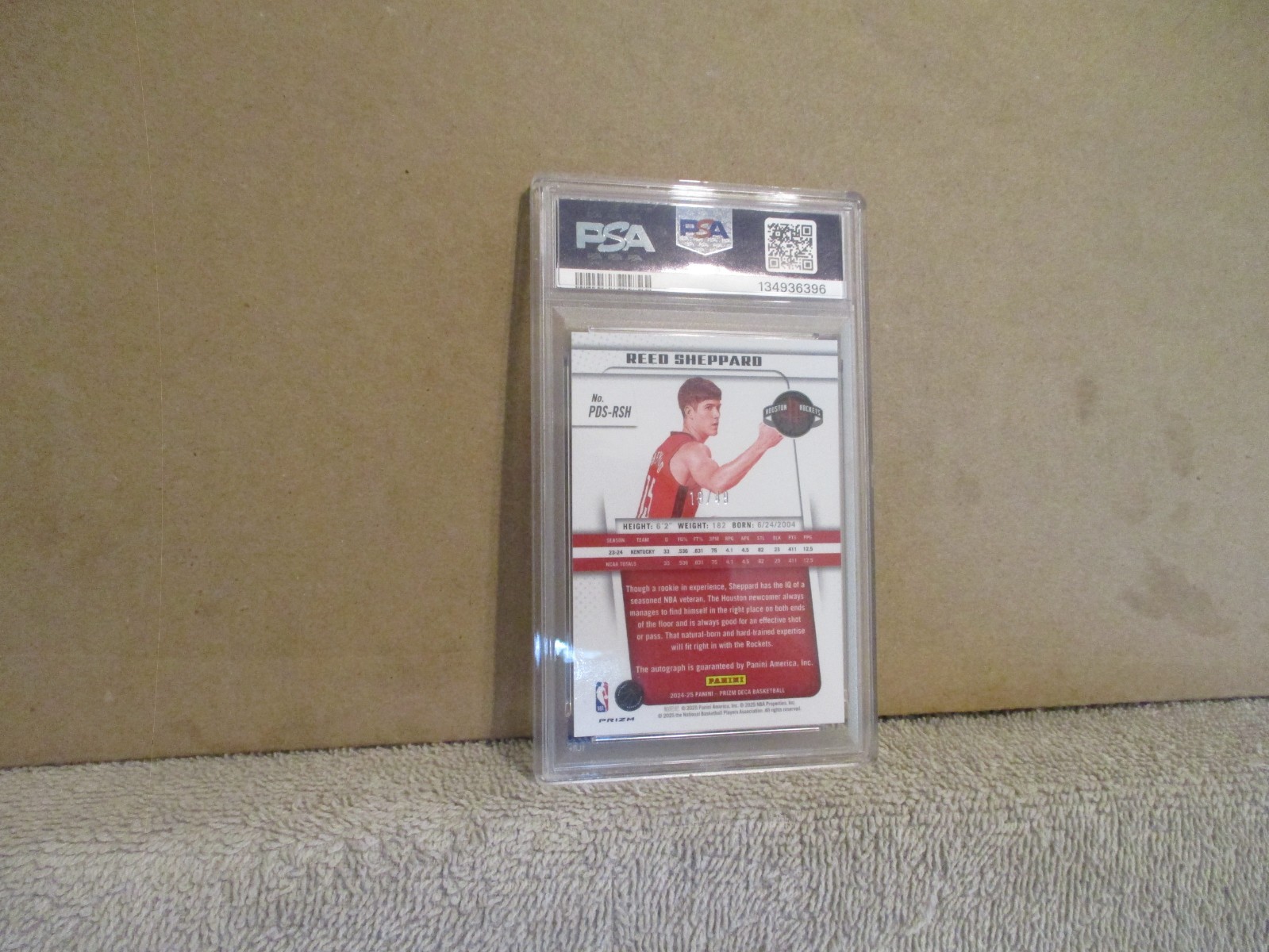 2024-25 PANINI PRIZM DECA REED SHEPPARD #PDS-RSH RC BLUE PRIZM AUTO 19/49 PSA 8 view 12