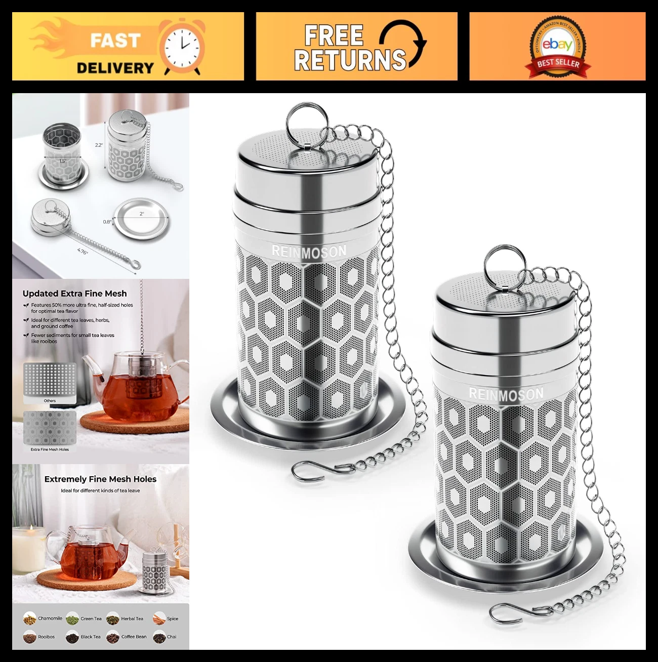 2 Pack Extra Fine Mesh Tea Strainers, 304 Stainless Steel Loose Leaf Infuser, Sl