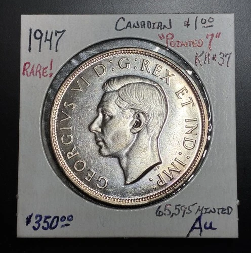 1947 Canadian $1.00, Rare Pointed 7 Variety, About Uncirculated!