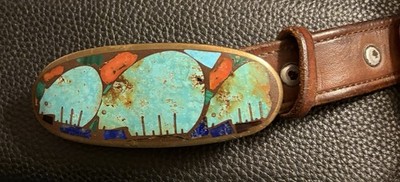 Early Andrew Shows Turza Wells Inlaid Turquoise & Gemstone 3 Bear Belt & Buckle