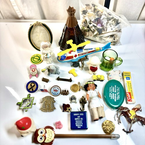 Vtg To Now Junk Drawer Lot Pinbacks Craft Bag Toys Advertising Tape Coin Holder