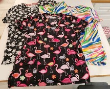 Lot of 3 Women's Sz M White Cross Scrub Tops Flamingos -Floral-Abstract Colorful